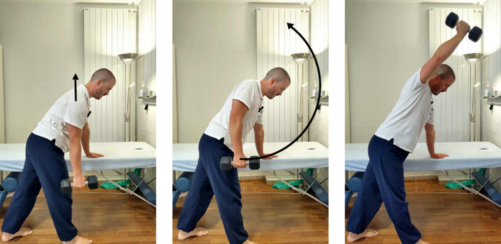 Phase concentrique de l'exercice "trap-3 raises" illustrées avec flèches explicatives