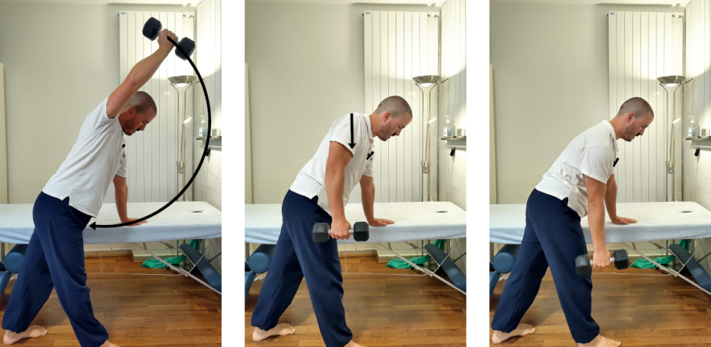 Phase excentrique de l'exercice "trap-3 raises" illustrées avec flèches explicatives